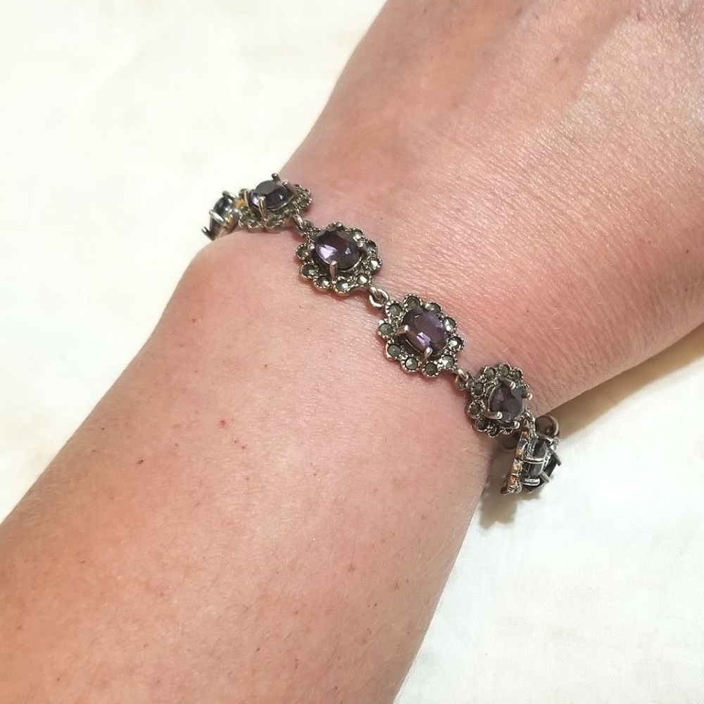 Genuine Amethyst Marcasite Sterling Silver Vintage Bracelet